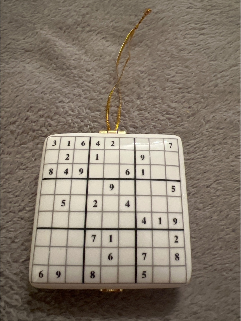 Porcelain Sudoku Puzzle Trinket Box with Gold Trim and Hanging String